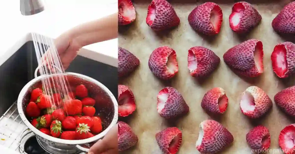 Start by washing and slicing the fresh strawberries.